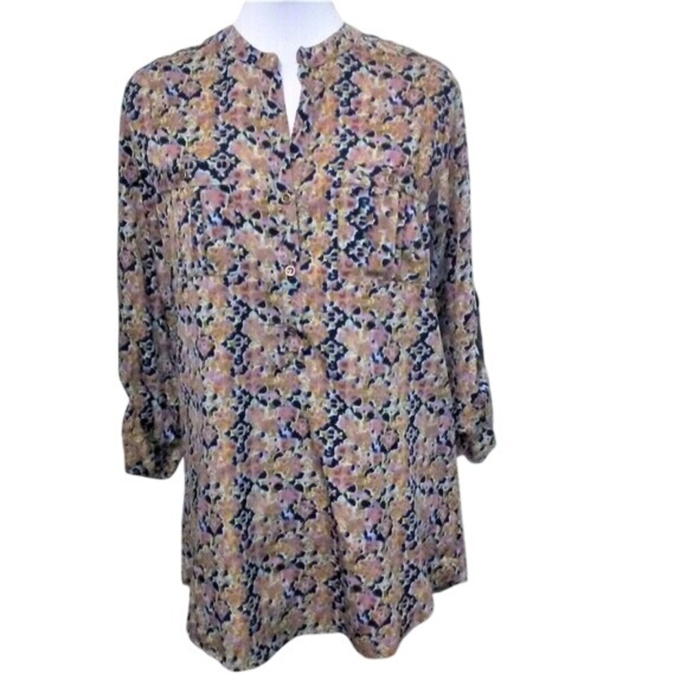 Mix Nouveau New York Women Small Abstract Watercolor Roll Tab Tunic Blouse Top